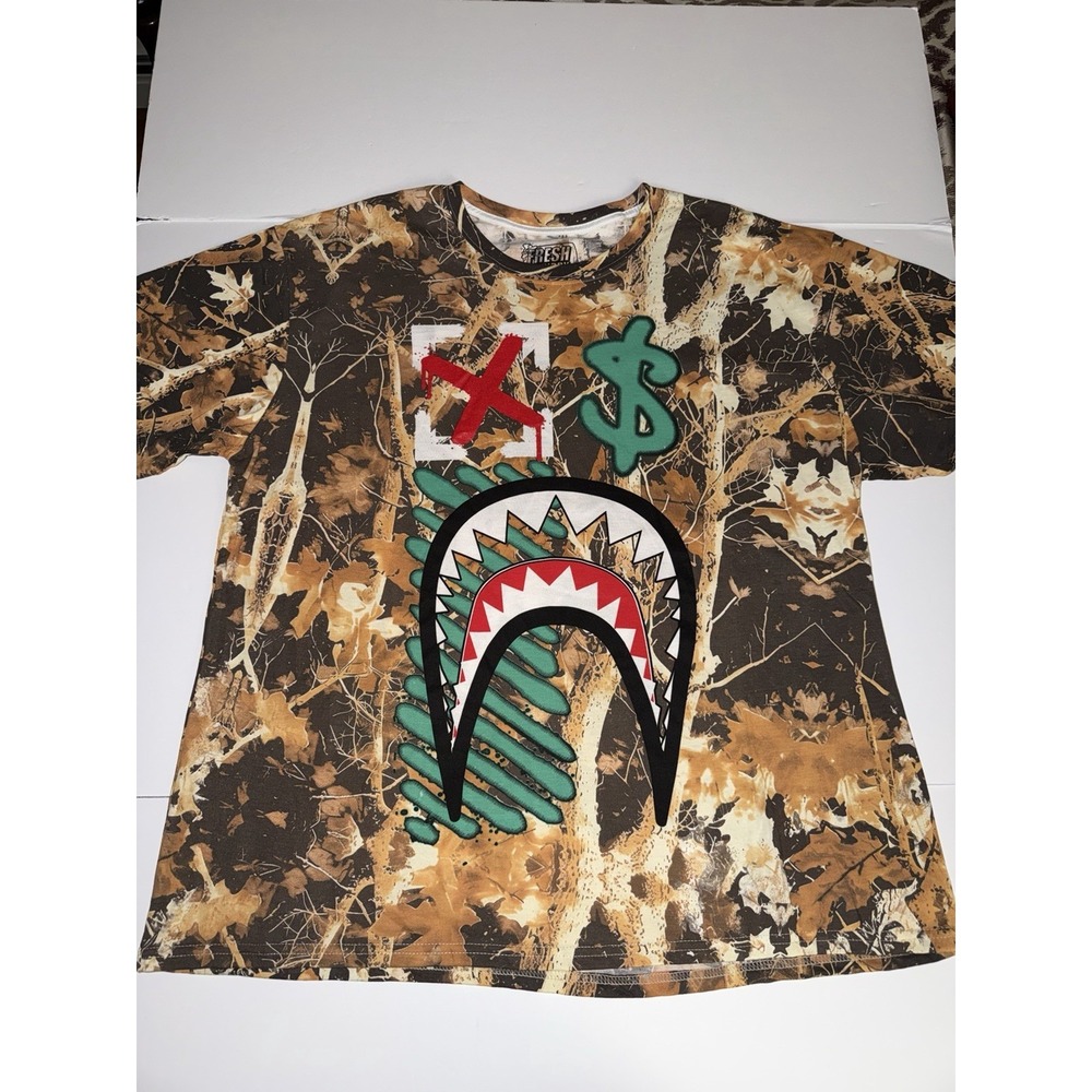 Fresh Laundry Men 3XL T-Shirt Shark Mouth Camo Dollar Brown Green Streetwear NWT